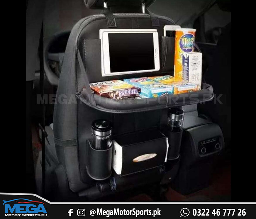 Black PU Leather Car Seat Organizer With Food Tray / Back Seat Multi-Pocket Storage Bag Organizer Holder Accessory