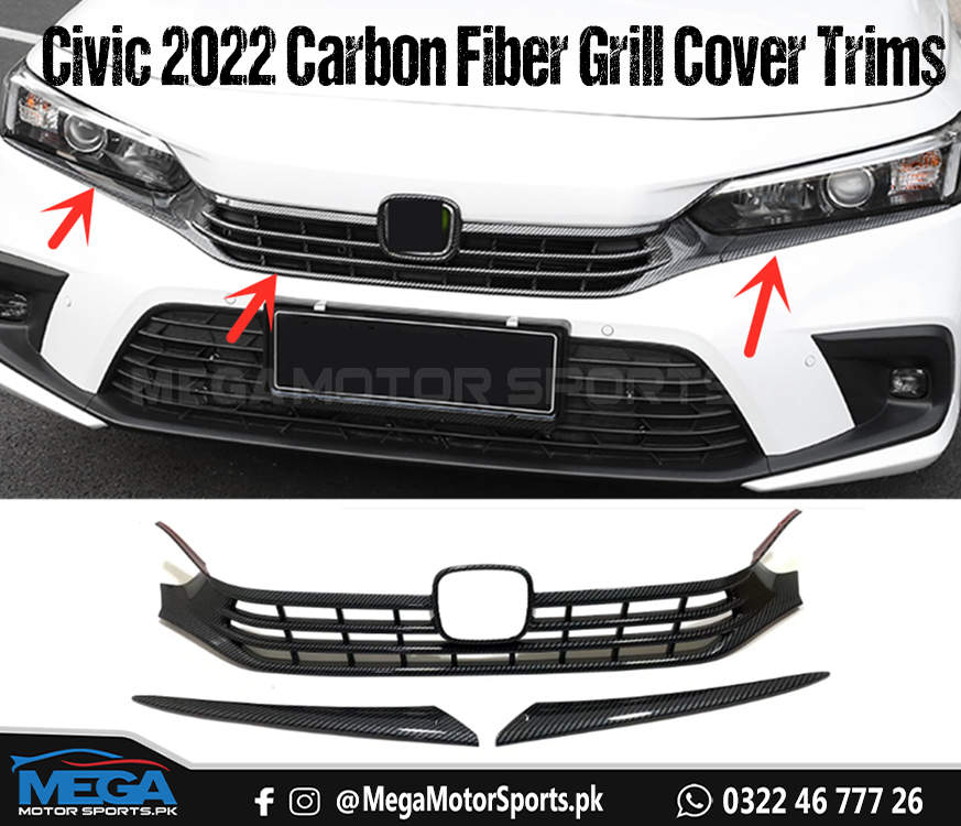 Honda Civic 2022 Carbon Fiber Front Grill Lower Trims 3 Pcs 2022 2023