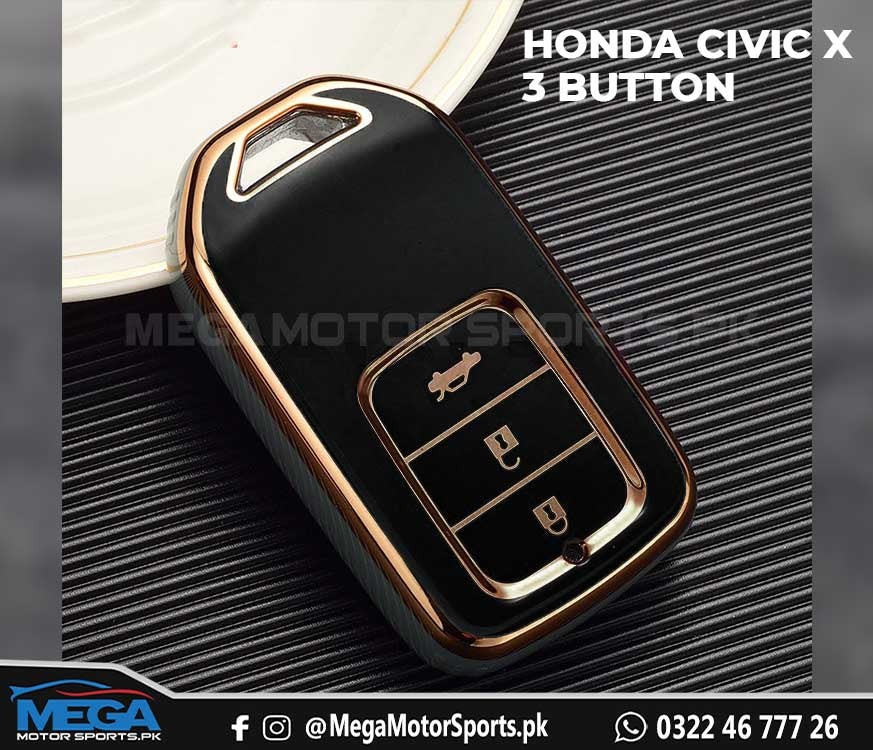Honda Civic TPU Key Fob / Key Cover - 3 Buttons - Black And Gold For 2016 2017 2018 2019 2020 2021