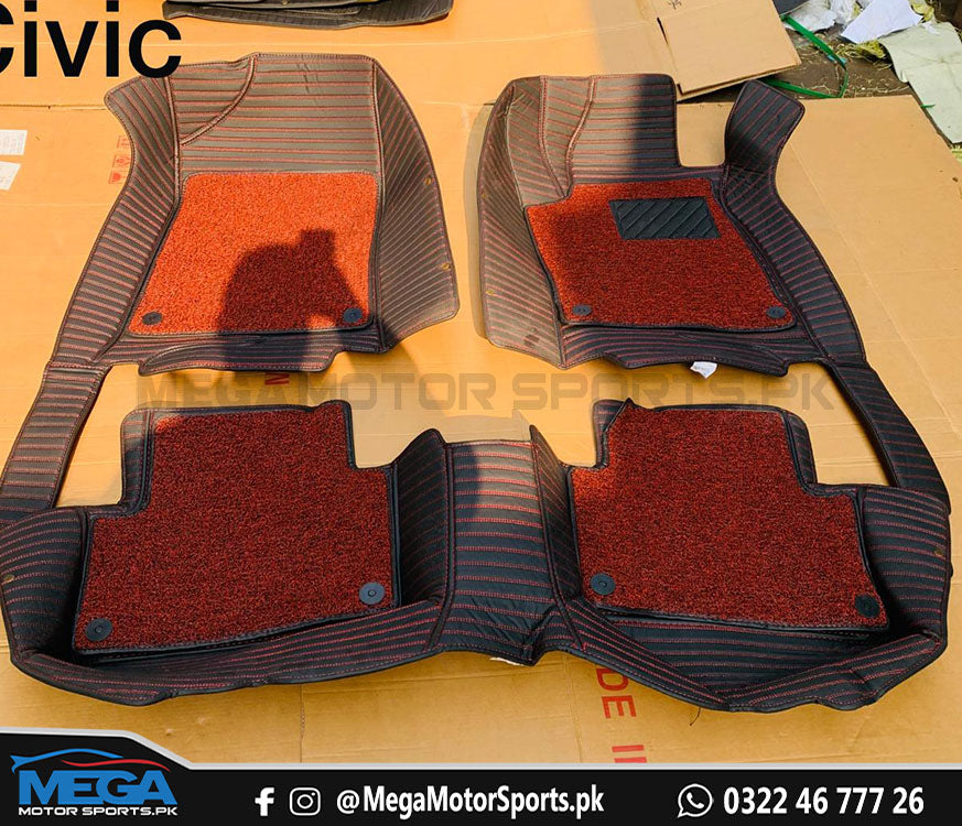 Honda Civic 9D Black Horizontal lining Floor Mats with Red Grass For 2016 2017 2018 2019 2020 2021