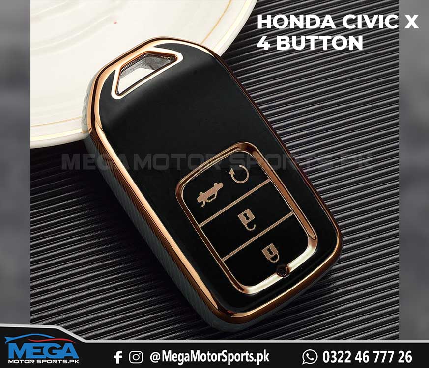 Honda Civic TPU Key Fob / Key Cover - 4 Buttons - Black And Gold For 2016 2017 2018 2019 2020 2021